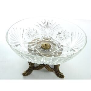 Brass Footed Cut Glass Clear Bowl Candy Dish Gold Foot Base Table Decor Vintage